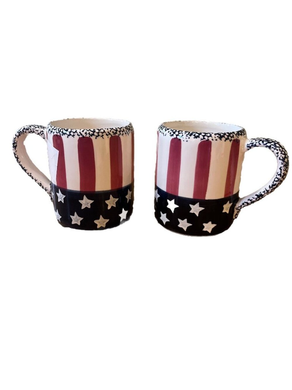 Set Of 2 American Flag Hand Painted Mugs VTG Terry's village China 10oz 3"W 4"T